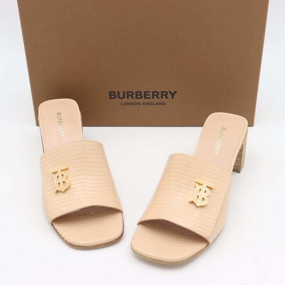 NIB Burberry Winnie Lizard Embossed Nude Leather Mule Slide Sandals